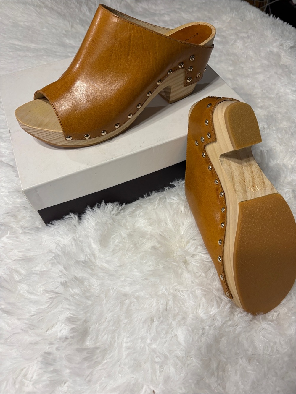 Etienne Aigner Cognac Leather Stud Clog Mule - Picture 2 of 6